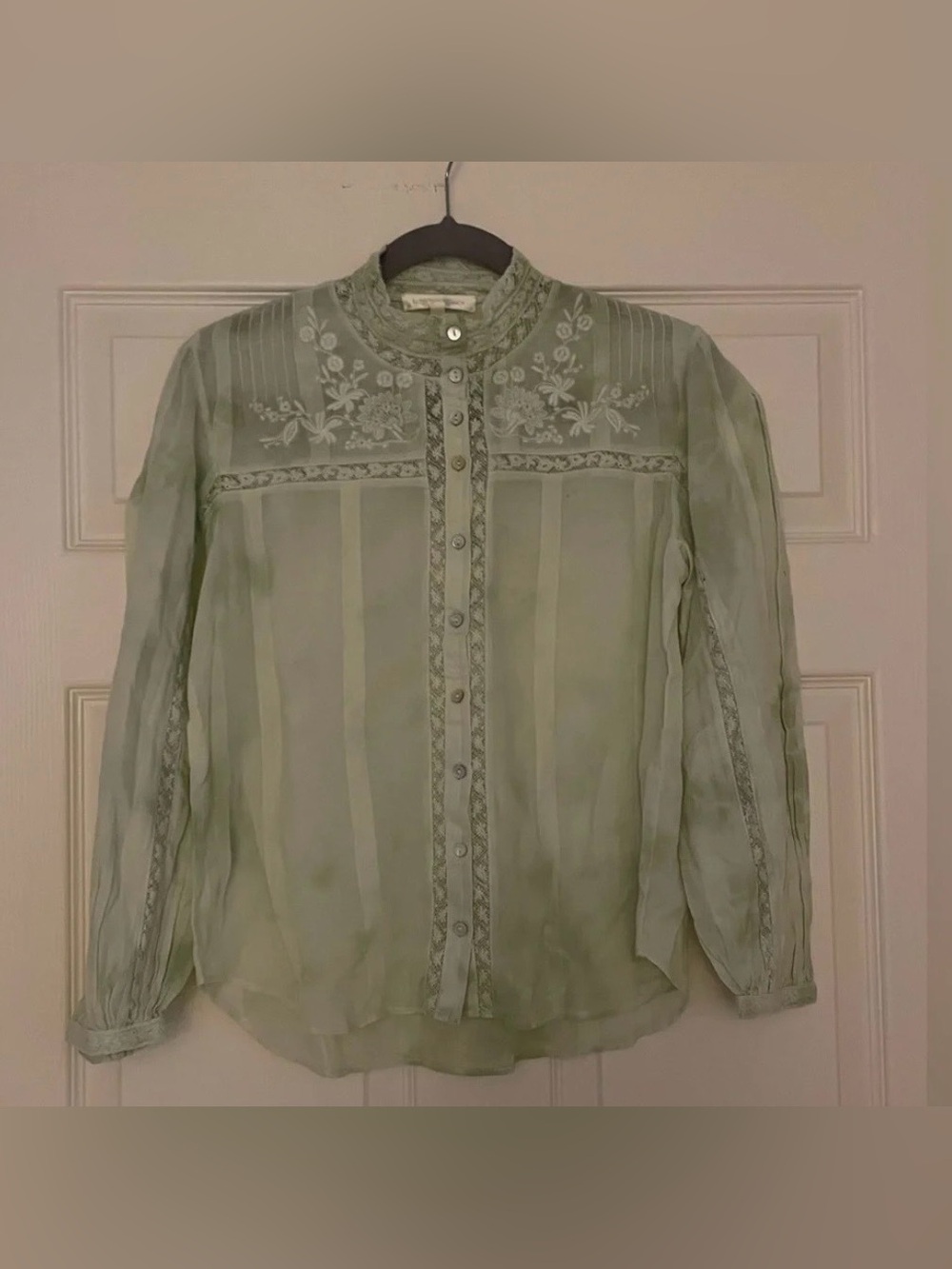 LoveShackFancy Sage Green Embroidered Pintuck Blouse
